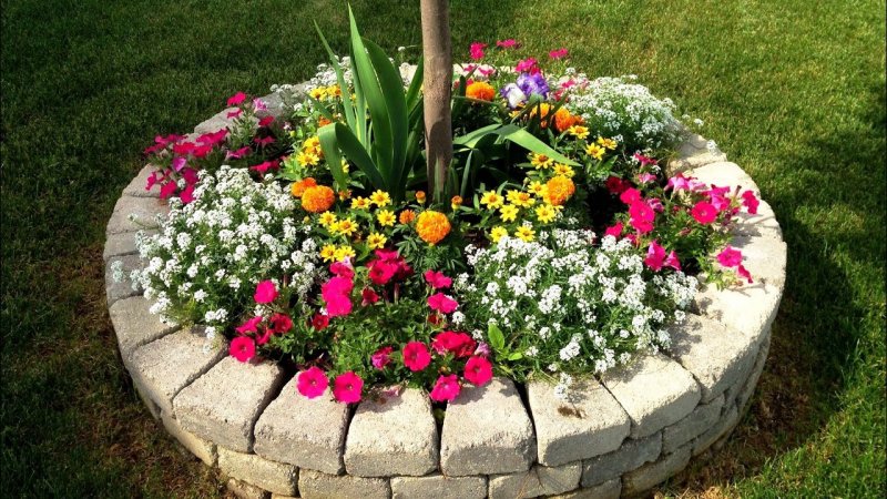 Круглая клумба из кирпича