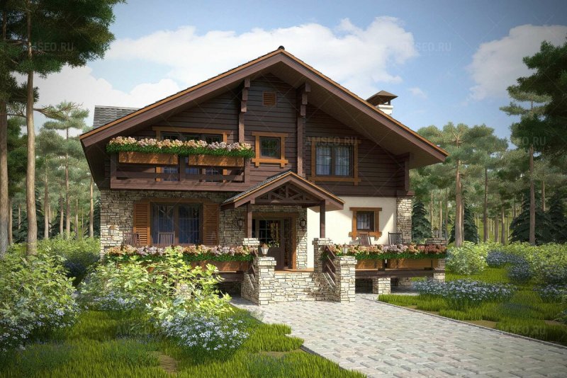 Комбинированные дома из камня и дерева в стиле Шале