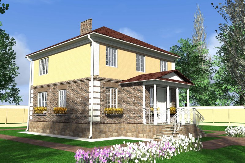 Фасады двухэтажных домов с четырехскатной крышей