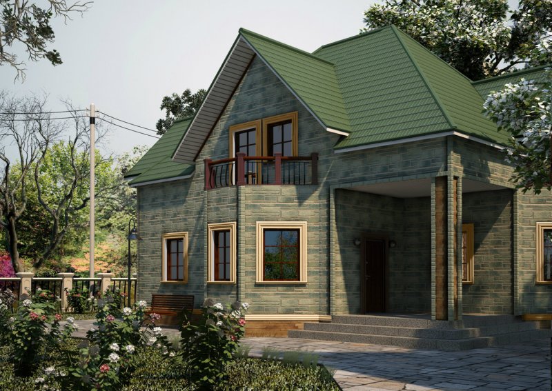 Дом из кирпича с зеленой крышей