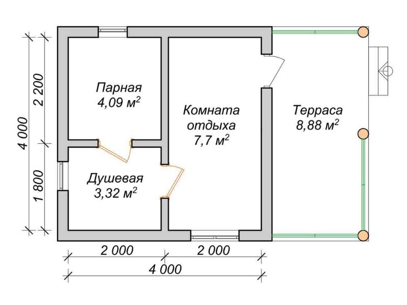 Баня 4х4 с верандой планировка