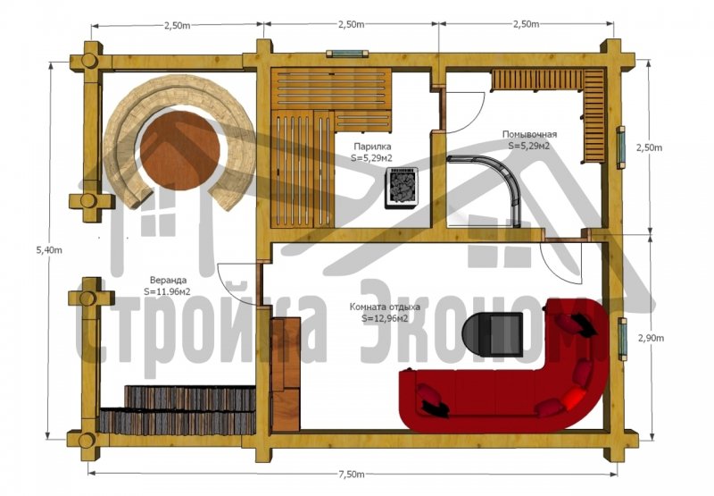 Планировка бани из бруса 3х4