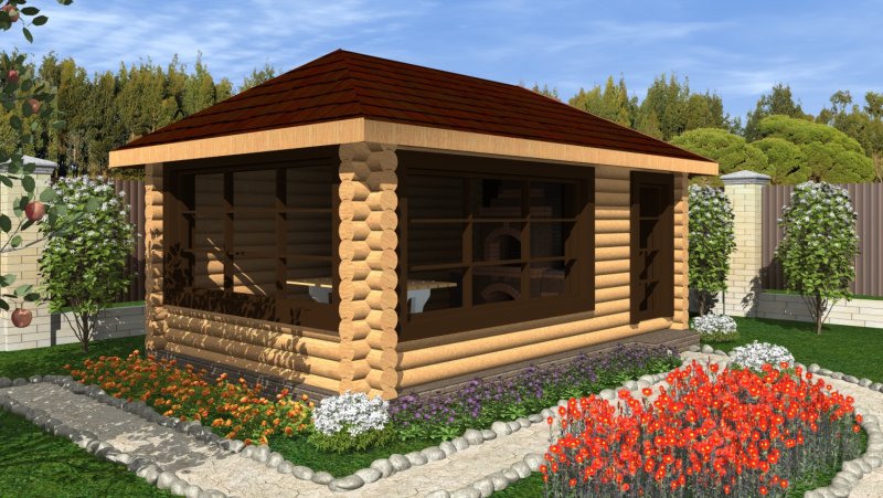 Баня из оцилиндрованного бревна с верандой и барбекю