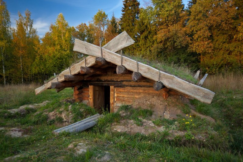 Деревянный дом с Земляной крышей