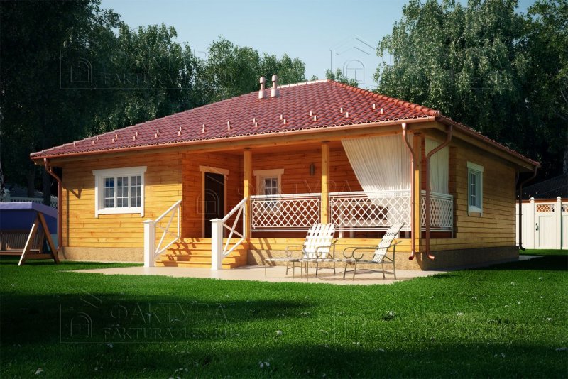 Одноэтажный деревянный дом с четырехскатной крышей