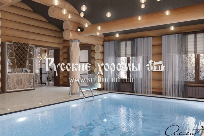 Дизайн бани из бревна с бассейном внутри фото