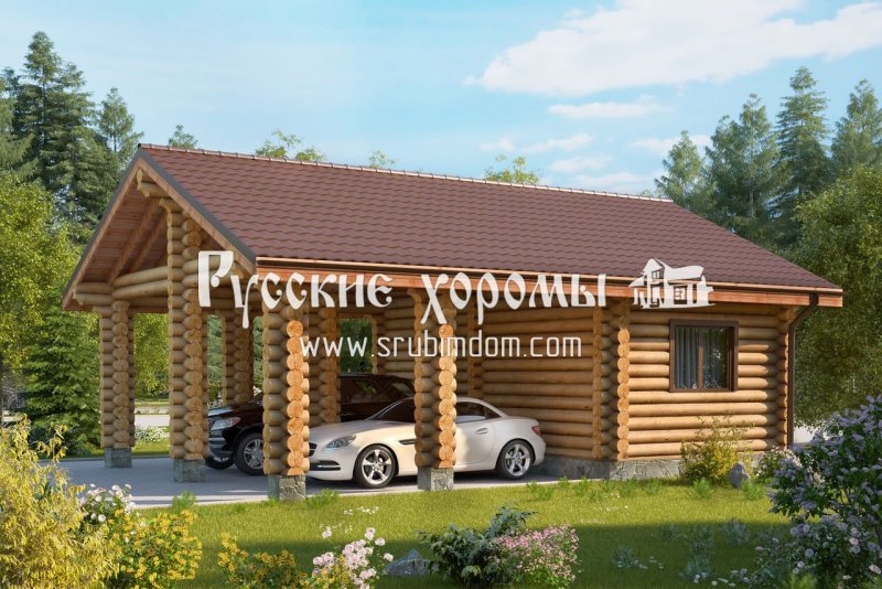 Гараж с баней из оцилиндрованного бревна