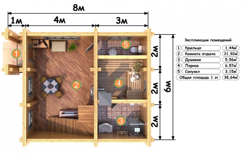 Баня с жилой комнатой и кухней 4 на 6