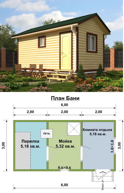 Планировка бани с хозблоком 6х4