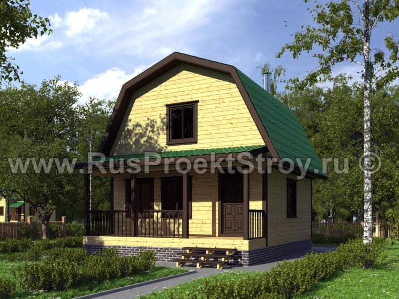 Баня из блока с террасой и мансардной крышей