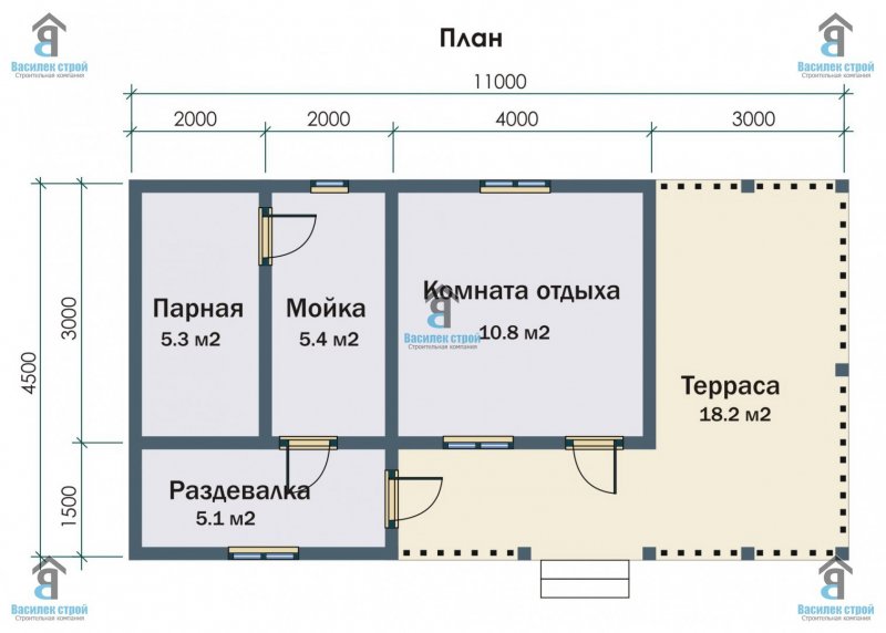 Проект бани с комнатой отдыха и террасой
