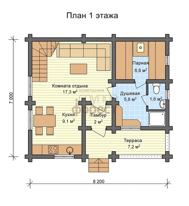 Проект бани с комнатой отдыха и террасой 4х8