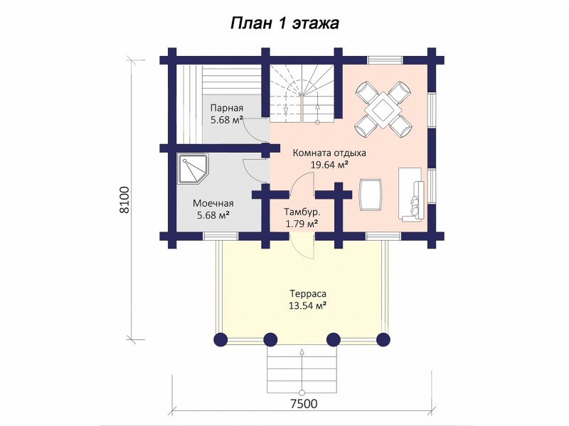 План бани из бруса с террасой 6 на 3