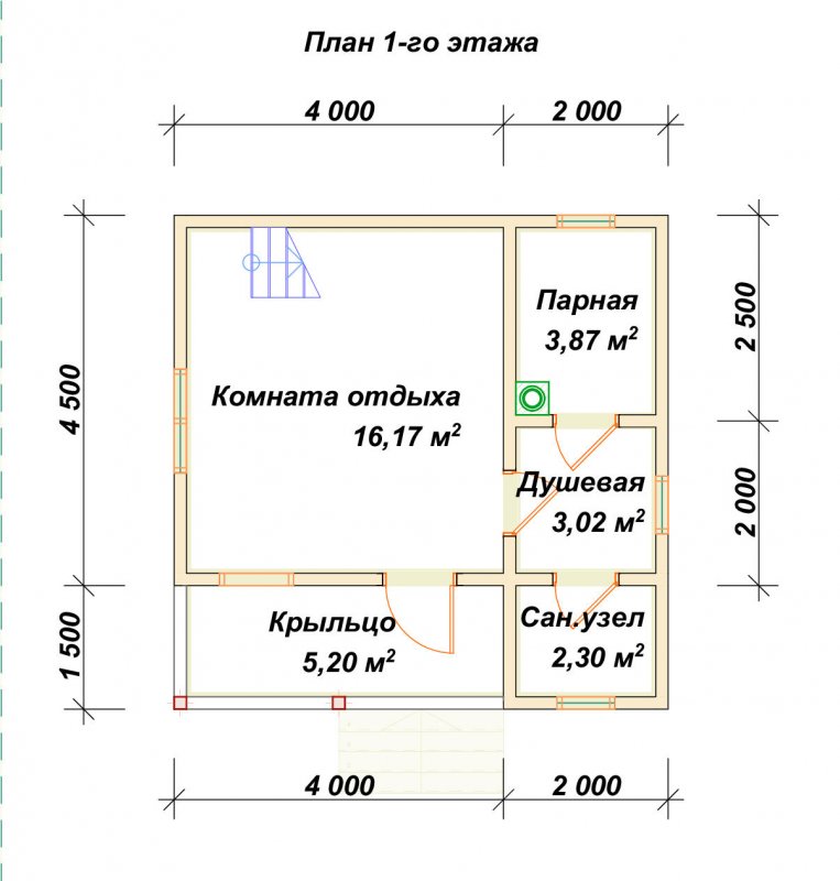 Планировка бани с комнатой отдыха и тамбуром