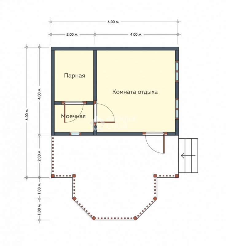 Проект бани с котельной и туалетом одноэтажный