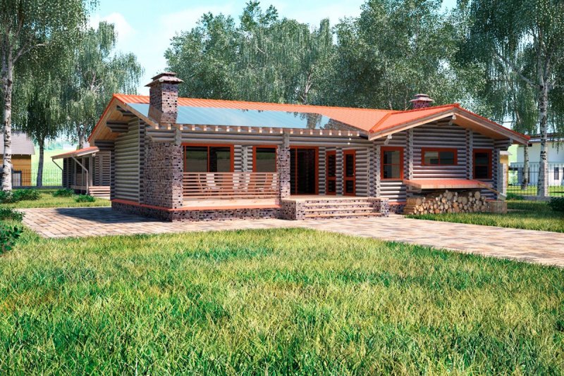 Деревянная баня с бассейном и террасой