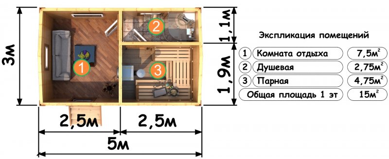Проект бани из бруса 5х3 с парилкой и мойкой