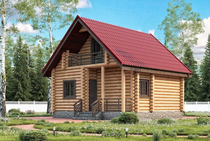 Баня 6х6 с мансардой и террасой из бревна