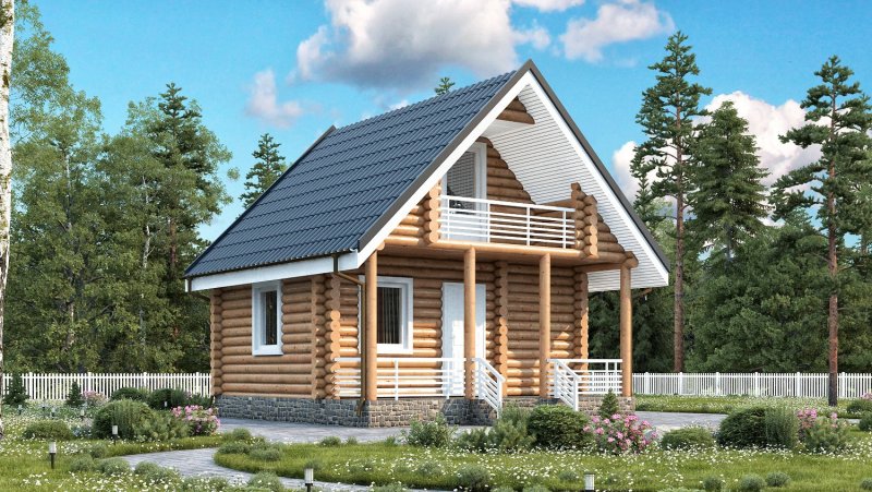 Баня 6х6 с мансардой и террасой из бревна