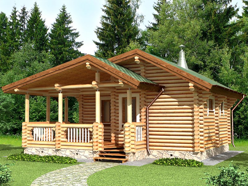 Баня из оцилиндрованного бревна с террасой