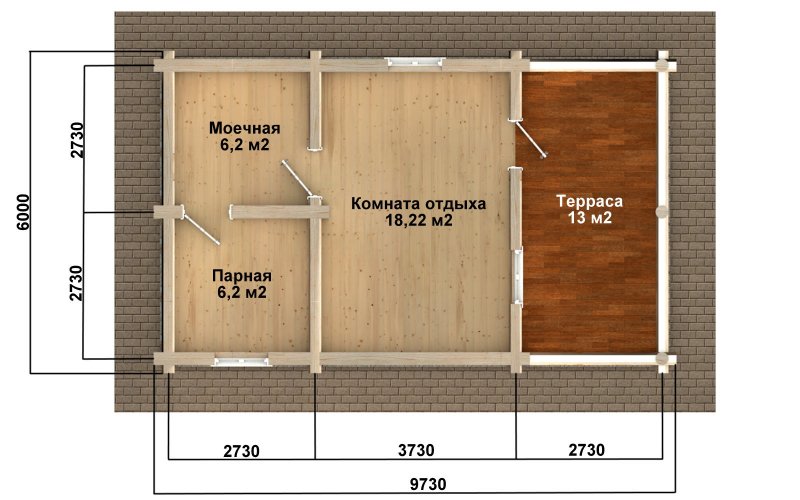 Баня 6х9 планировка с террасой