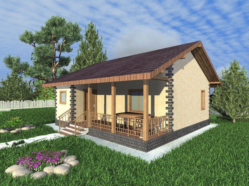 Баня с мансардой и террасой из блоков