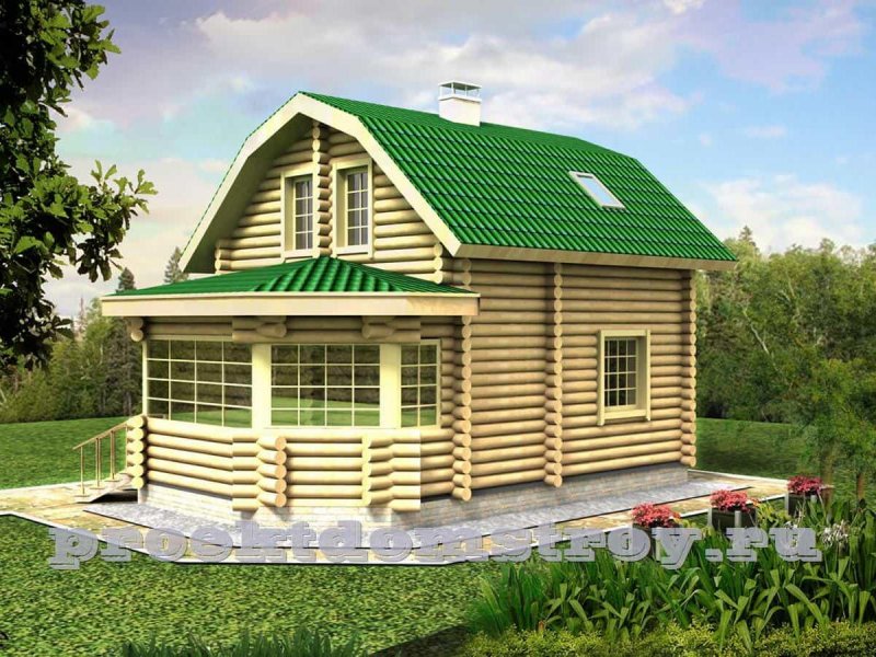 Дом из бревна с зеленой крышей