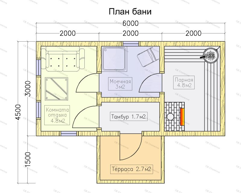 Планировка бани 100 м2