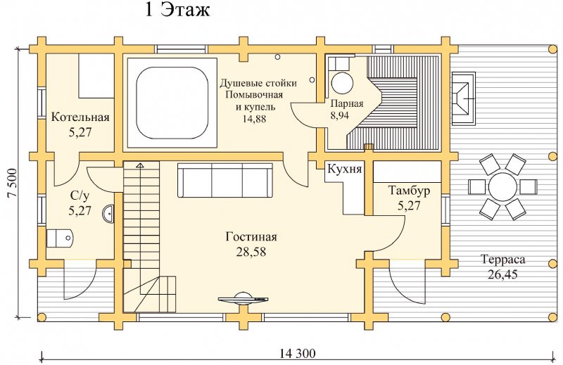 Баня 6 на 6 с террасой и барбекю планировка