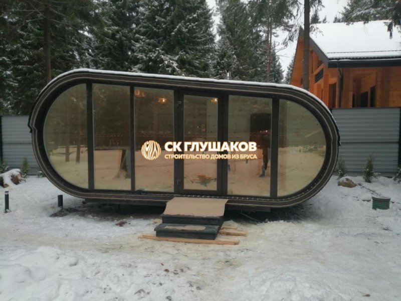 Баня овал с панорамными окнами
