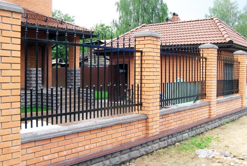 Кованый забор с кирпичными столбами