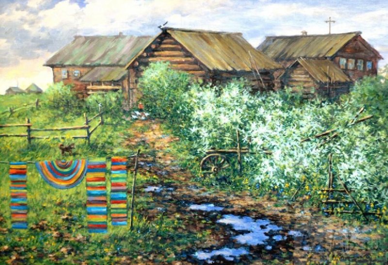 Черемуха в деревне в живописи