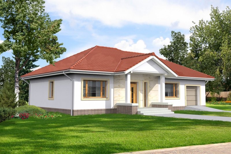 Одноэтажный дом с крыльцом и гаражом