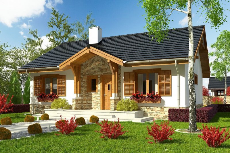 Одноэтажный дом с красивым крыльцом