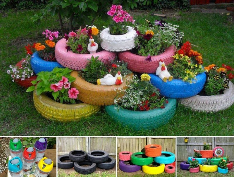 Клумбы из колесных шин для сада