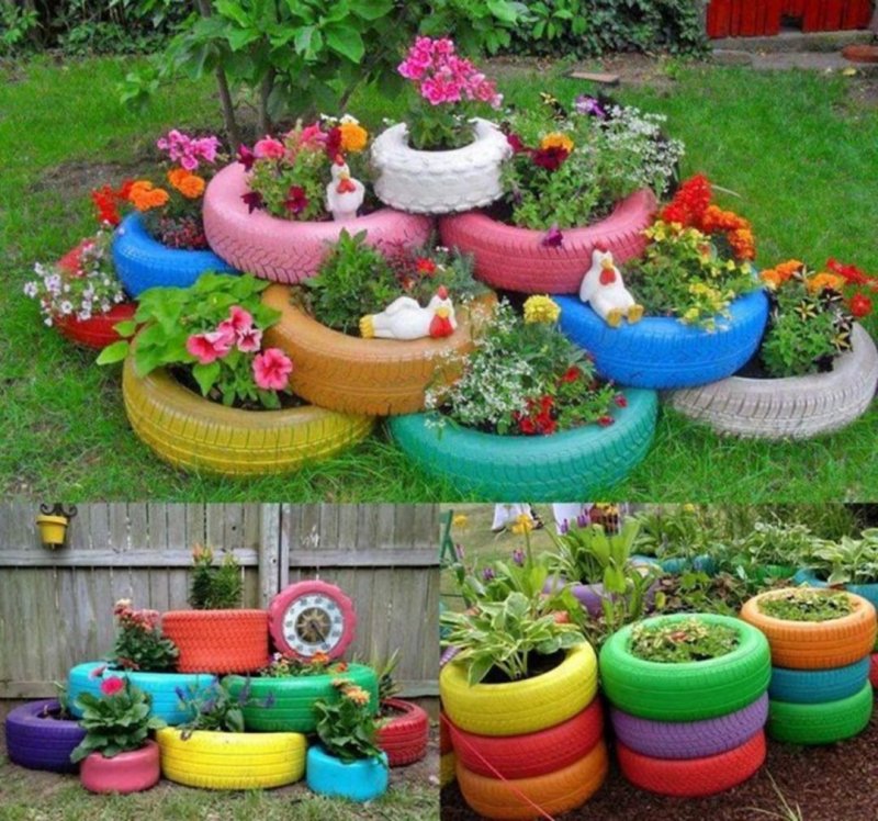 Клумбы из колес для цветов