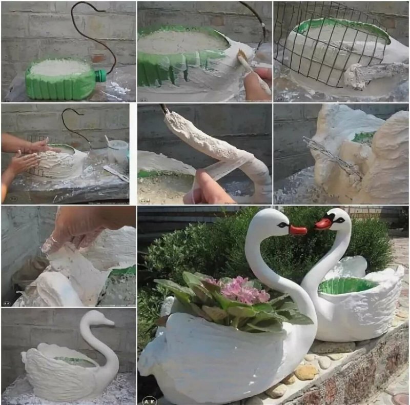 Лебеди из бутылок для сада