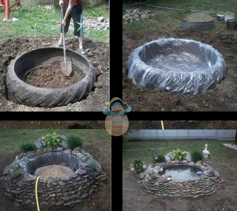 Пруд из колесных шин для сада