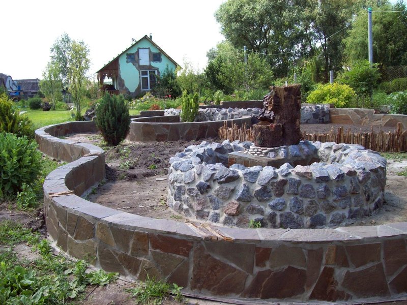 Клумбы из камней с фонтаном