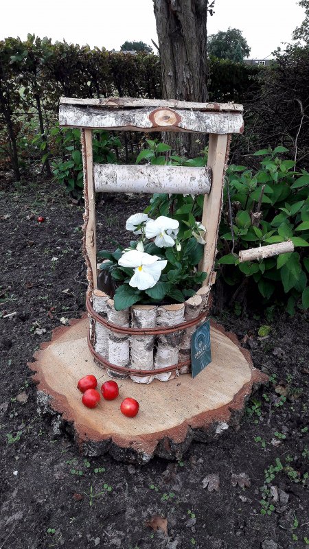 Клумба из березовых поленьев колодец