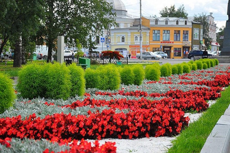 Цветочная клумба на улице красной и Хакурате
