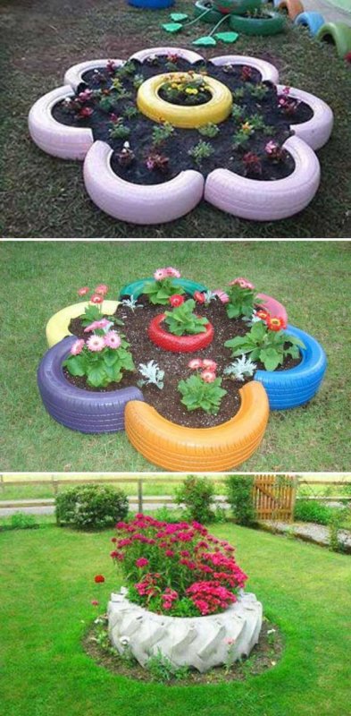 Клумбы из колесных шин для сада