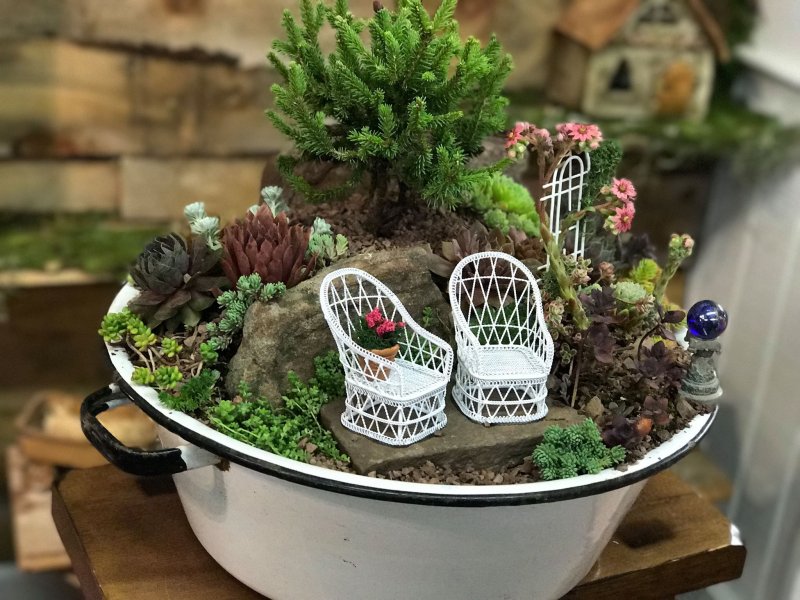 Композиция из суккулентов с фигурками
