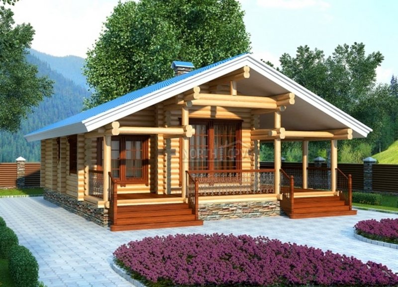 Дом из бревна одноэтажный с верандой