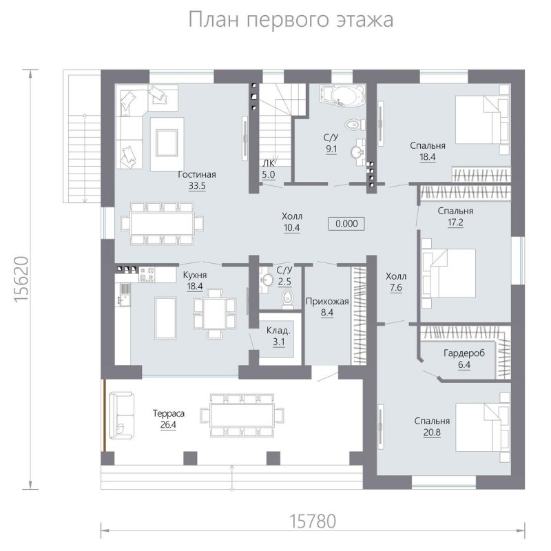 Одноэтажный дом с 3 спальнями 110м2