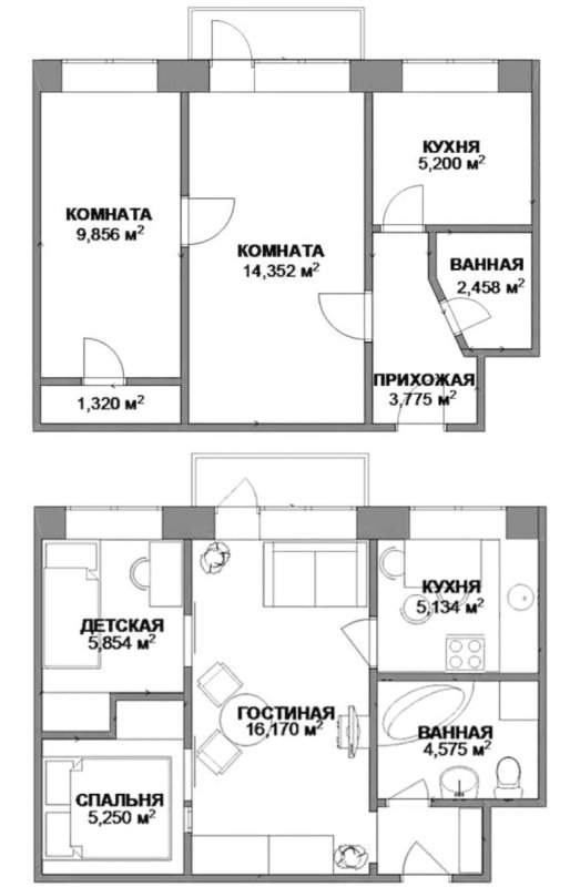 Вариант перепланировки двухкомнатной хрущевки схема