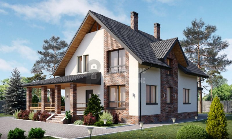 Кирпичный дом с мансардой и террасой
