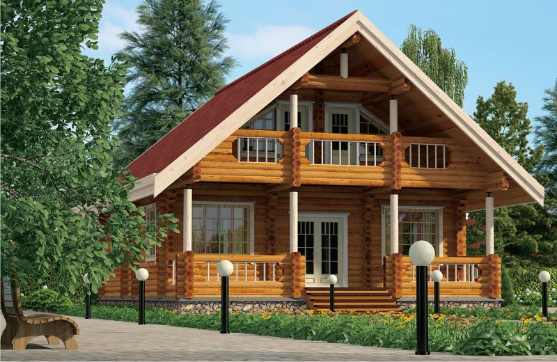 Деревянный дом с террасой и балконом