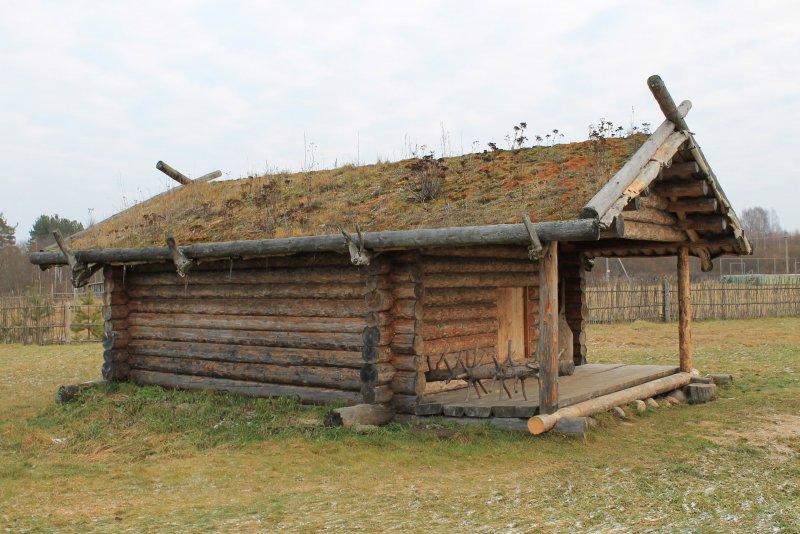 Срубная изба с двускатной крышей