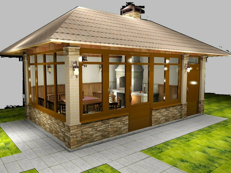 Беседка с четырехскатной крышей и мангалом